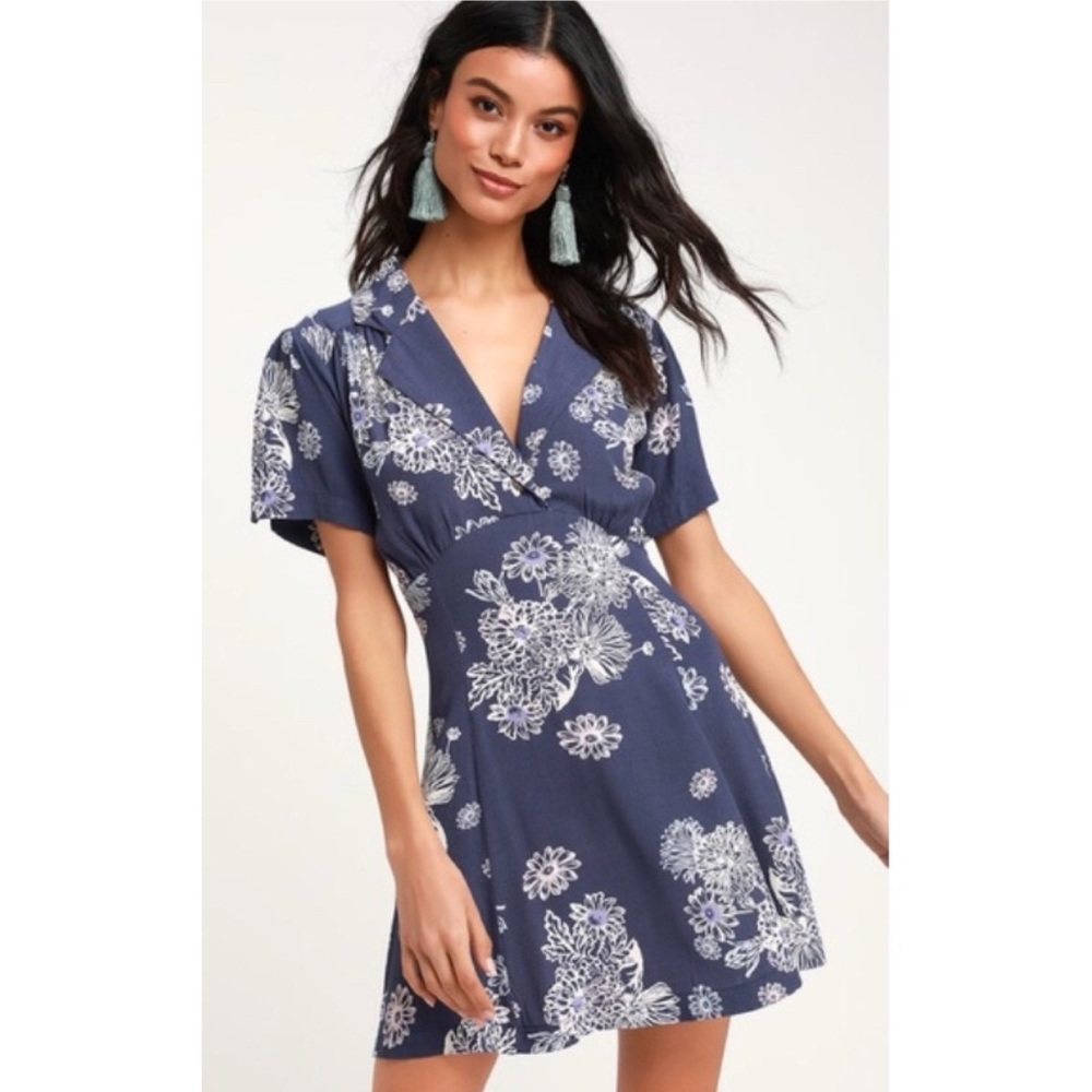 Free People Blue Hawaii Washed Blue Floral Print Short Sleeve Mini Dress